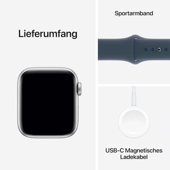 Apple Watch SE 2023 2. Generation (GPS, 40 mm) - Silber Aluminiumgehäuse mit Sturmblau Sportarmband S/M