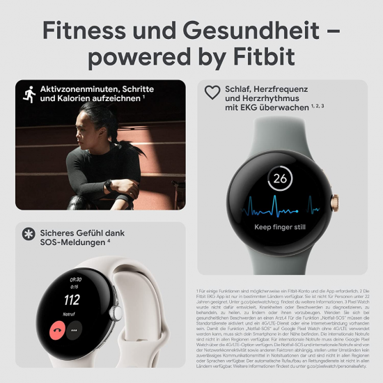 Google Pixel Watch (Wi-Fi, 41 mm) Edelstahlgehäuse in poliertem Silber mit Sports Active-Armband in Anthrazit