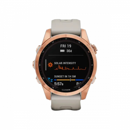 Garmin Fenix 7S Solar Edition (42 mm) – Roségold mit hellem Sandband