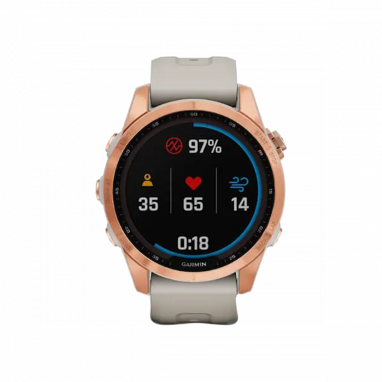 Garmin Fenix 7S Solar Edition (42 mm) – Roségold mit hellem Sandband