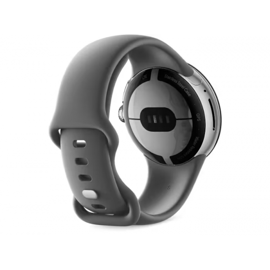 Google Pixel Watch (Wi-Fi, 41 mm) Edelstahlgehäuse in poliertem Silber mit Sports Active-Armband in Anthrazit